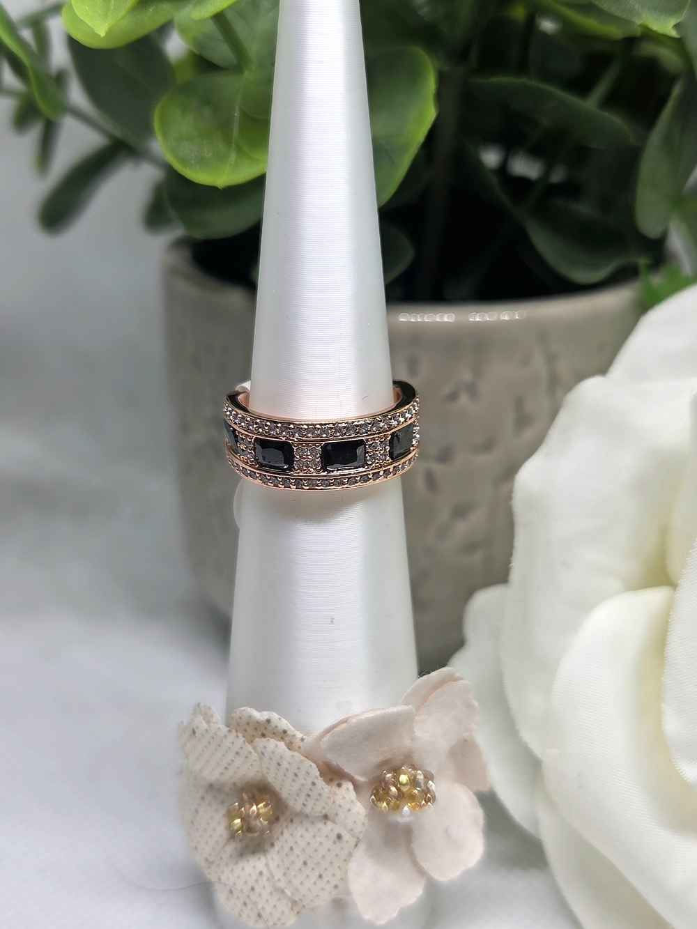 BP Elegant Black Onyx CZ On Rose Gold Band Plating